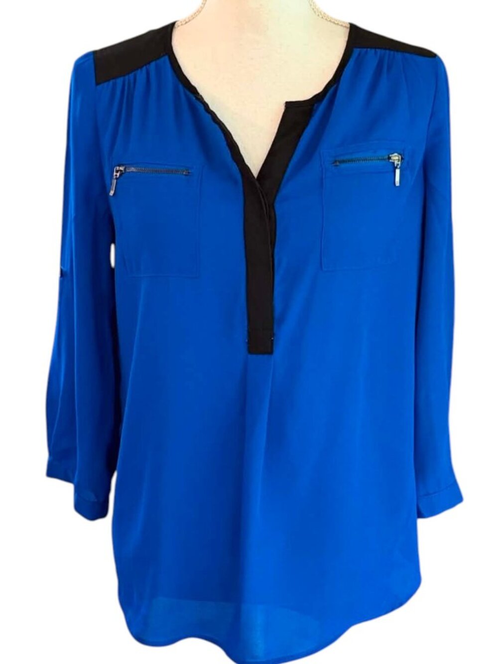 My Michelle Womens Small Blue 3/4 Sleeve 2 Pocket Hi Low Hem Pullover Blouse